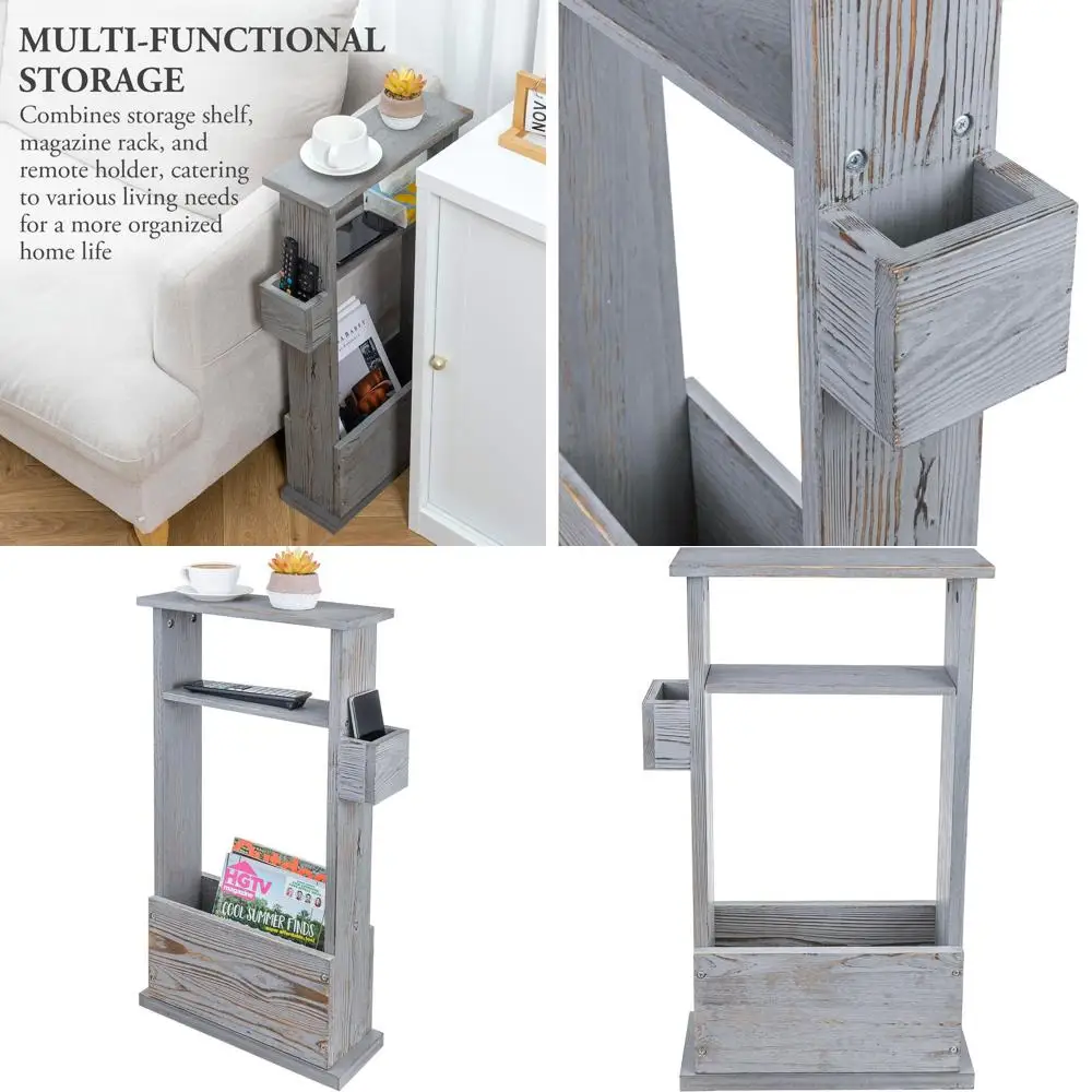 

Vintage Gray Wood Slim Side Table with Storage Shelf and Magazine/Remote Holder