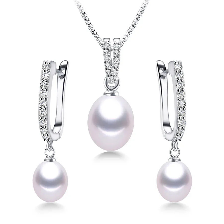 

YWYC Horseshoe 8-9mm Rice Freshwater Pearl Earrings&Necklaces Jewelry Set for Women 925 Sterling Silver 45cm Pendant Necklace