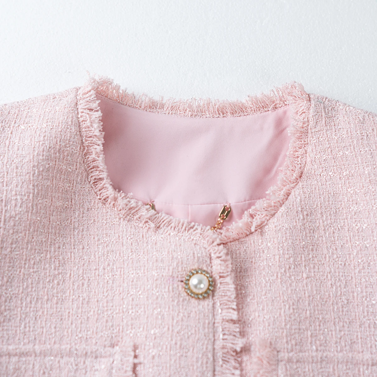 New fashionable romantic pink temperament Korean tweed short-sleeved shirt socialite tassel Little Fragrance short coat view 3