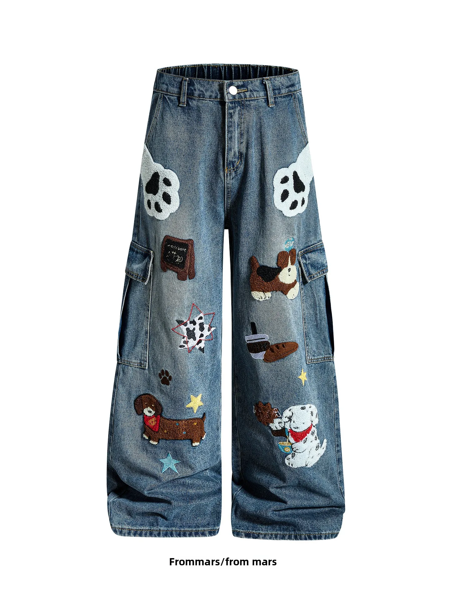 

Свободные повседневные джинсы с широкими штанинами для женщин, модный дизайн с мультяшной вышивкой, удобные, дышащие, с застежкой на пуговицах на талии