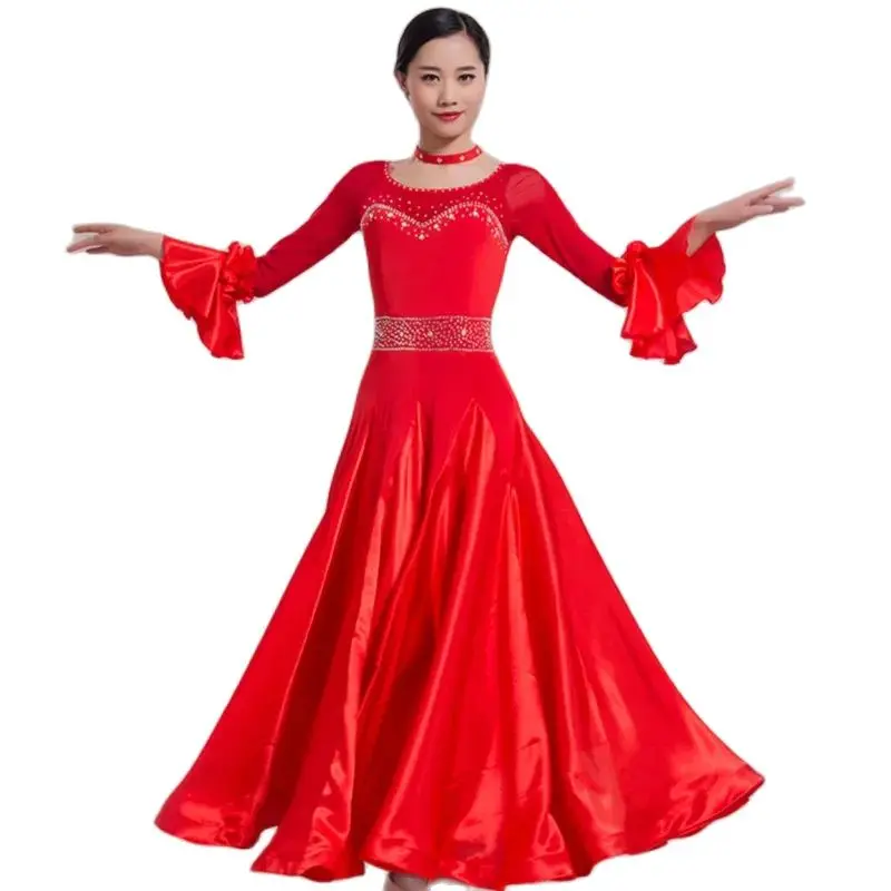 Satin Ruffle Standard Ballroom Dance Dress Flowy Lyrical Dance Costumes Party Dress Foxtrot Tango Rumba Ball Gown