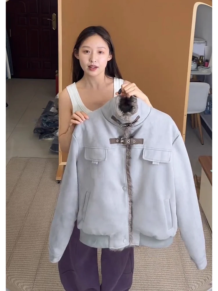 

Retro American Suede ort Jaet Thiened Fce Lined Winter Coat for Men And WomenCouple's Lamb Fur Collar Cotton Jaet