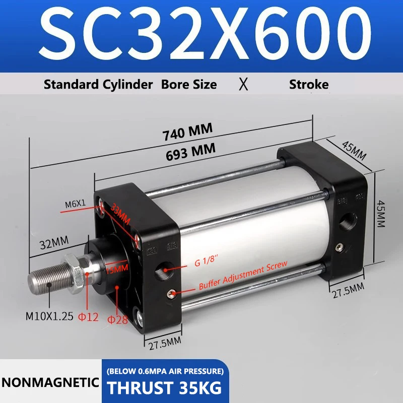 

ABILKEEN SC32X600 Standard Pneumatic Cylinder 32mm Bore Size X 600 MM Stroke Double Acting Air Standard Cylinder