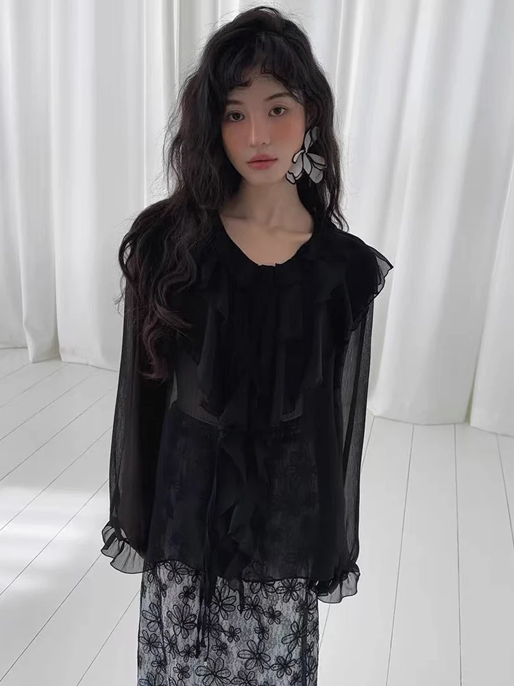 リアンリアン重工業 エッジサッシュ レディースシャツ 春新作 ゆったり 薄手 ベルスリーブ シフォン トップス 韓国風 長袖 丸首