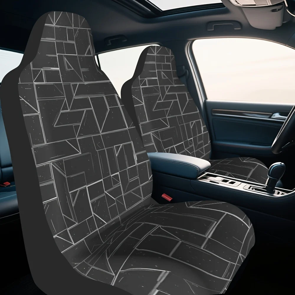 2pcs, Decorative Geometric Dark Grey Tile Design Car Seat Covers, Lightweight And Durable Universal Fit, Stylish Upgrade Adds Vi