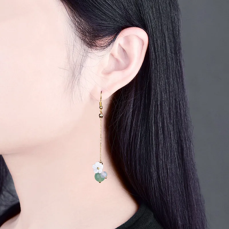 Long Tassel Elegant Eardrop For Light Green Coloured Glaze Pendant Flower Retro Earrings The Tang Dynasty Hanfu Accessories