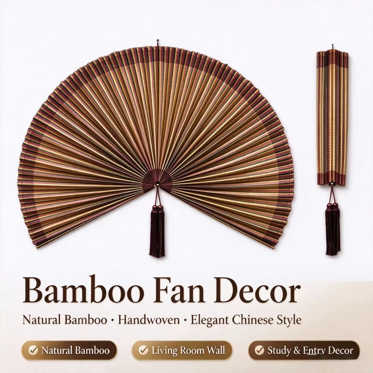 Boho Handcrafted Bamboo Wall Hanging Fan, Japandi Rustic Wall Art for Home Decor