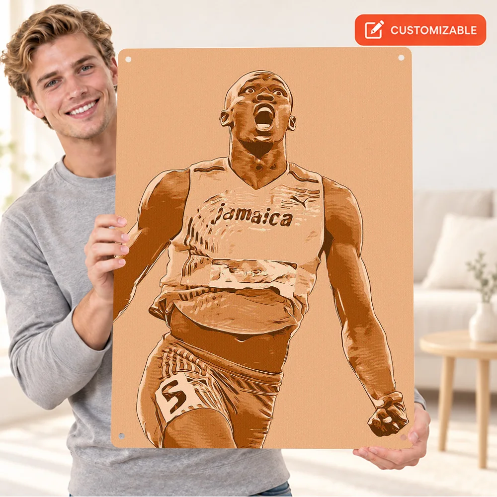 Usain Bolt Sprinter Textured Metal Poster Customized Aluminum Sign Roaring Sepia Stencil Illustration Wall Art For Training Room
