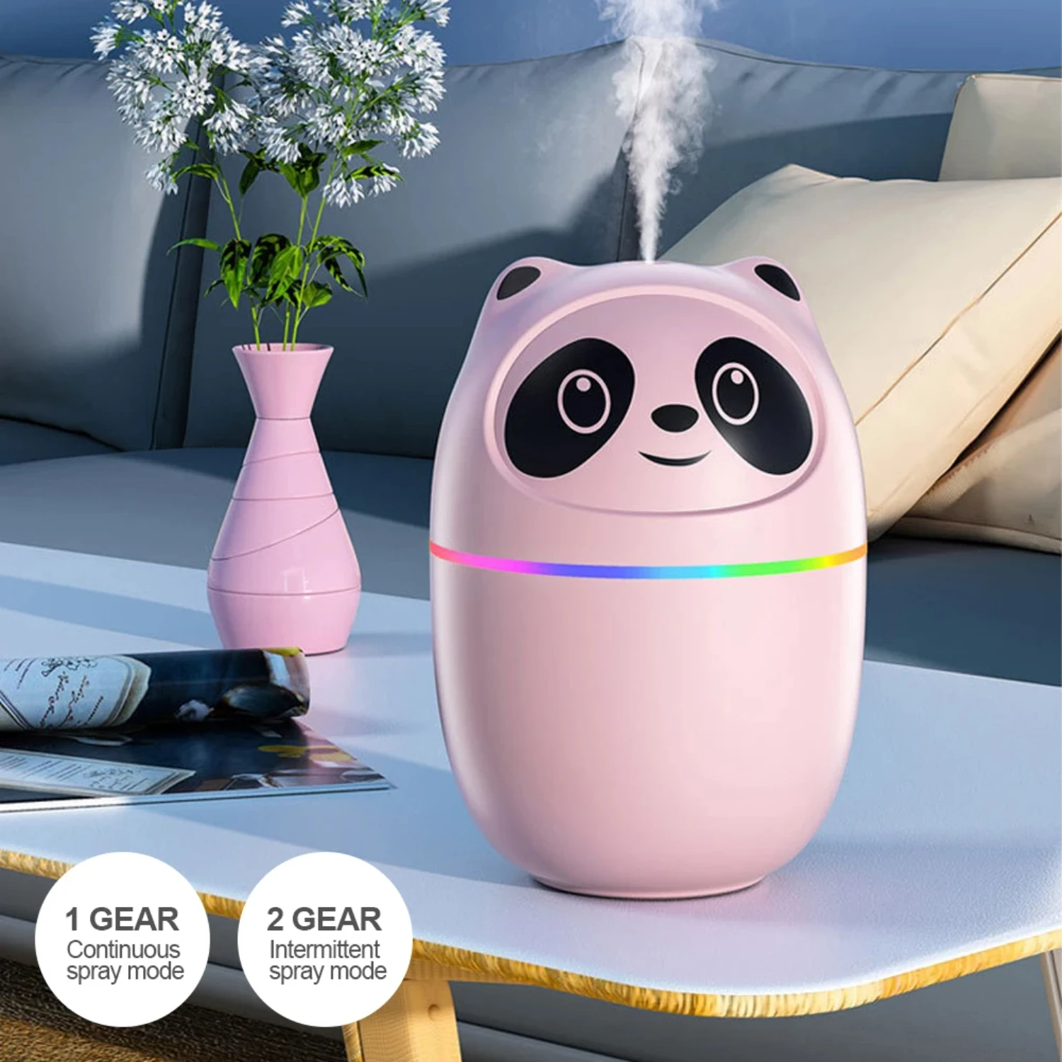 Charming Cute Panda Air Humidifier: USB Chargeable Cool Mist Sprayer Plants Purifier with Night Light - Oil Diffuser and Humidif