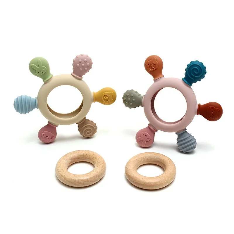 Food Grade Silicone Infant Rudder Teether with Wooden Ring Newborn Health Care Nursing Teething Toys BPA Free Baby Accessories