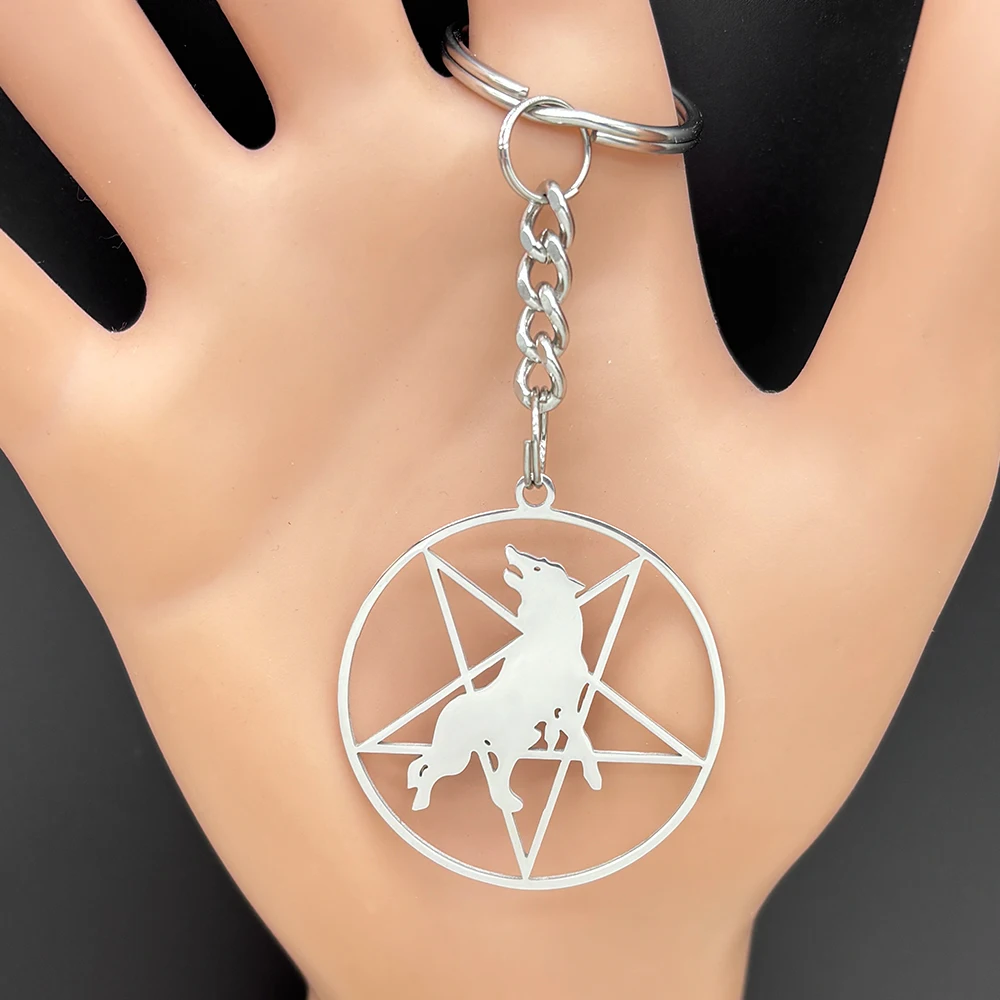 Inverted Pentagram Wolf Stainless Steel Statement Keychain For Women Men Stainless Steel Silver Color Music Band Keyring Jewery