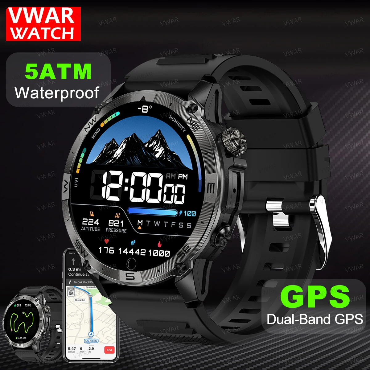 VWAR T-REX Ultra Sport Smart Watch Men Military Outdoors GPS SmartWatch 5ATM Waterproof Compass Bluetooth Call Fitness Tracker