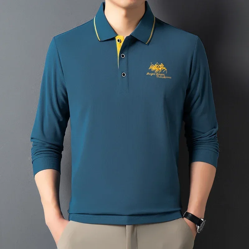 العلامة التجارية الكورية العصرية الفاخرة الساخن بيع الرجال طويلة الأكمام تي شيرت قميص بولو مطرز فضفاض حجم كبير بلون قاعدة قميص #3