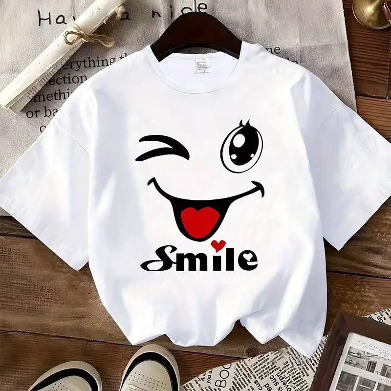 Lustiges T-Shirt mit Smiley-Print für Damen, 90er Y2K Rundhals Kurzarm-Oberteil, Mädchen T-Shirt, Damen Freizeit-T-Shirt Kleidung