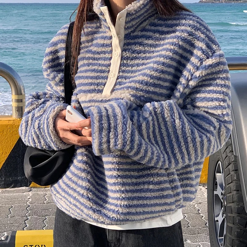 الكورية الصوف مخطط البلوز المرأة Harajuku Y2K كم طويل معطف دافئ رقيق فضفاض عادية الشارع سترة الموضة