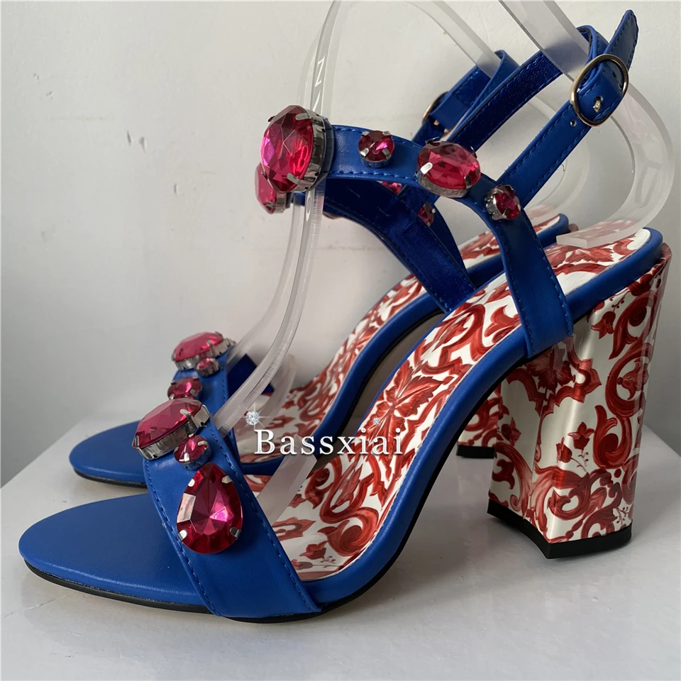 Luxury Diamond Crystal Ankle Strap Sandals Women Individual Print Flower Chunky Heel Genuine Leather Summer Shoes