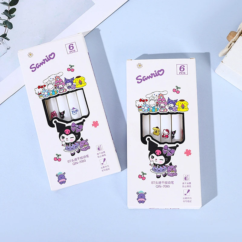 6ชิ้นปากกาการ์ตูน Kuromi น่ารัก Sanrio Hello Kitty เครื่องเขียนปากกาหมึกเจล ST แห้งเร็ว0.5มม. เติมปากกาหมึกเจล