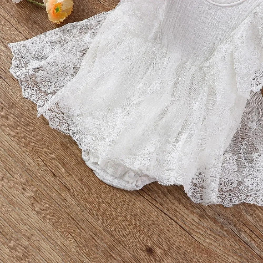 

Cute Lace Gauze Romper Princess Sleeveless Solid Mesh Infant Bodysuit Ruffle Dress for 0-2 Years Old