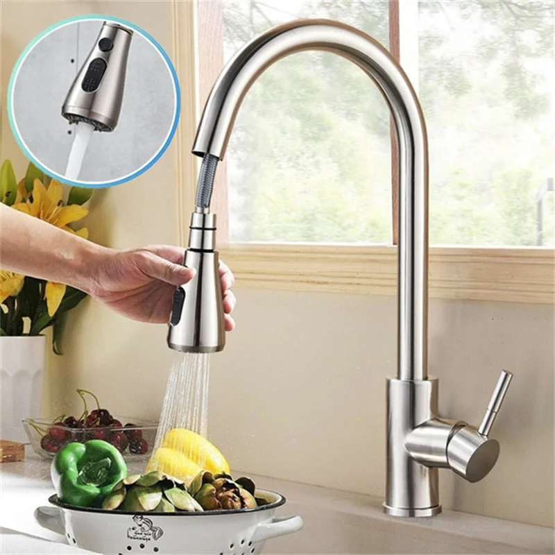

304 Stainless Steel Pull-out Faucet One-key Water Stop Kitchen Faucet Hot and Cold Stainless Steel Three-gear Faucet