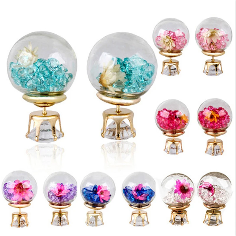 Fashion Simulated Glass Ball Earrings Flower Korea Jewelry Double Side Ball Stud Earring Statement For Women