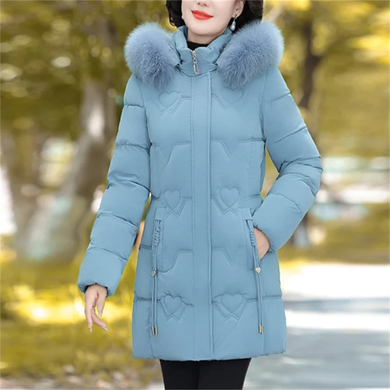 Women Down Cotton Coat NEW Winter Puffer Parkas Fur Collar Thicken Warm Snow Wear Hooded Padded Coat Zipper Woman Overcoat