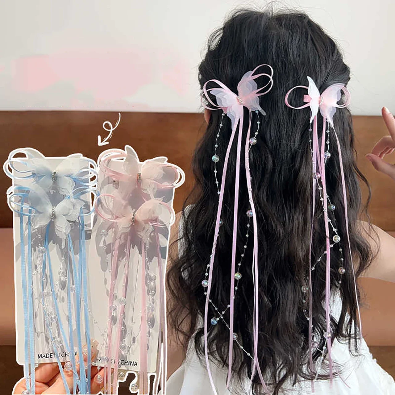 

1 шт., заколки для волос с милой бабочкой для маленьких девочек, милые заколки с длинной лентой и бантом, головные уборы принцессы, детские аксессуары для волос
