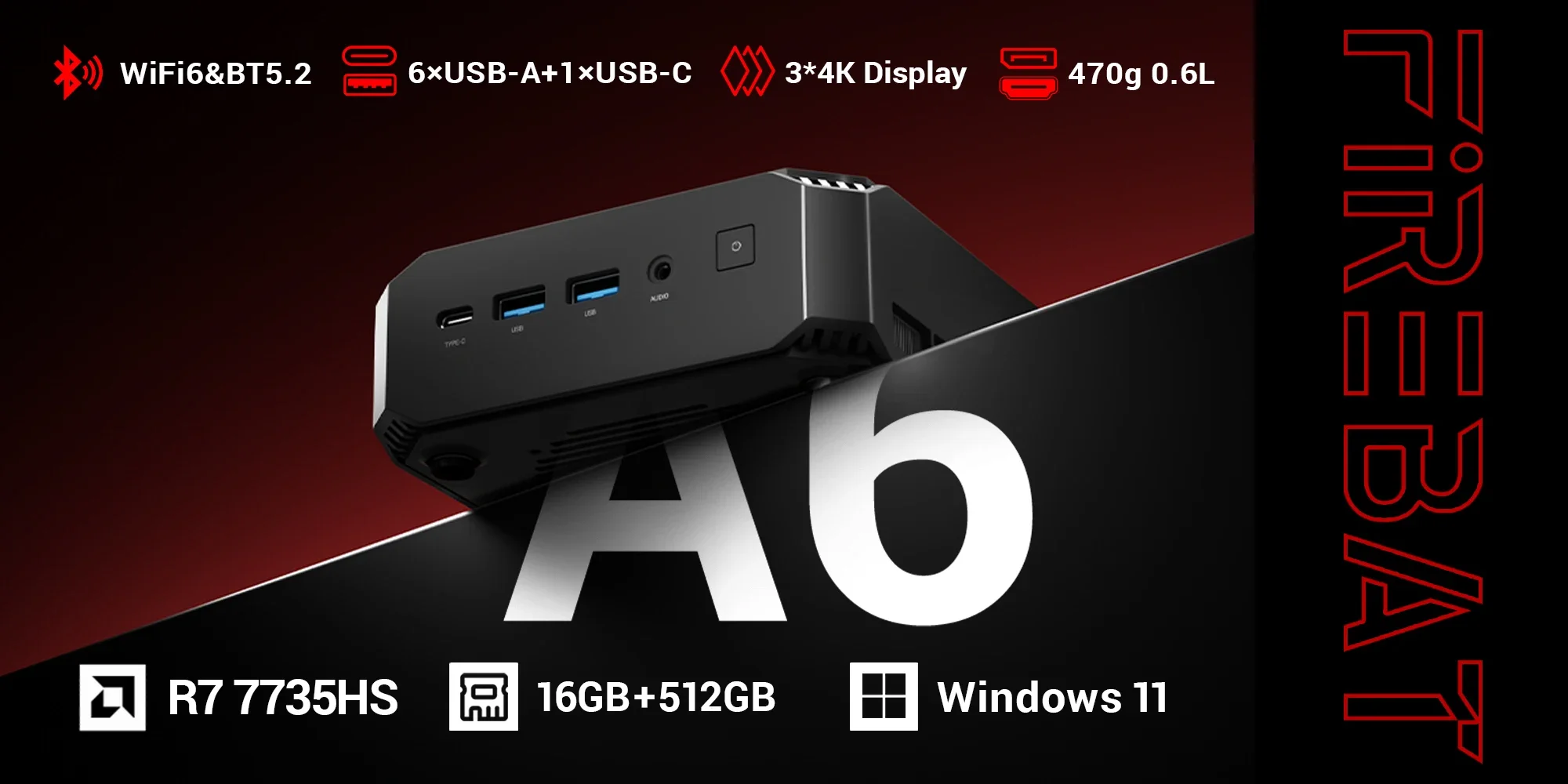 FIREBAT MINI PC A6 AMD Ryzen 7 7735HS 16GB DDR5 RAM 512GB SSD WIFI6 BT5.2 Windows 11 Portable Desktop MINI-PC Gaming Computer