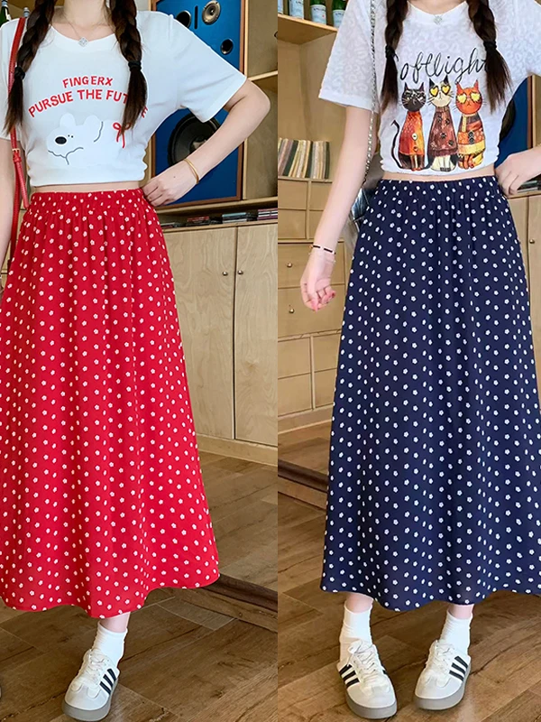 

plus Size Casual Midi Polka Dot Skirt Slimming Flattering A-Line Summer Fashionable Versatile Half-length Skirt for plus Size...