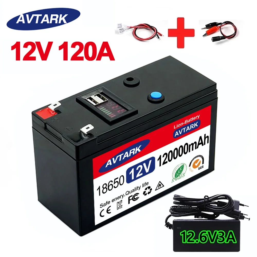 

12V Battery 120Ah 18650 lithium battery pack 30A sprayer built-in high current BMS electric vehicle battery 12.6V 3A charger