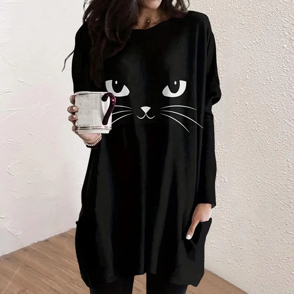 Women Cat Print Dress Cat Print Dress Soft Kitty Print Sweatshirt Dresses for Women for Fall Spring with Loose Fit Mid Length