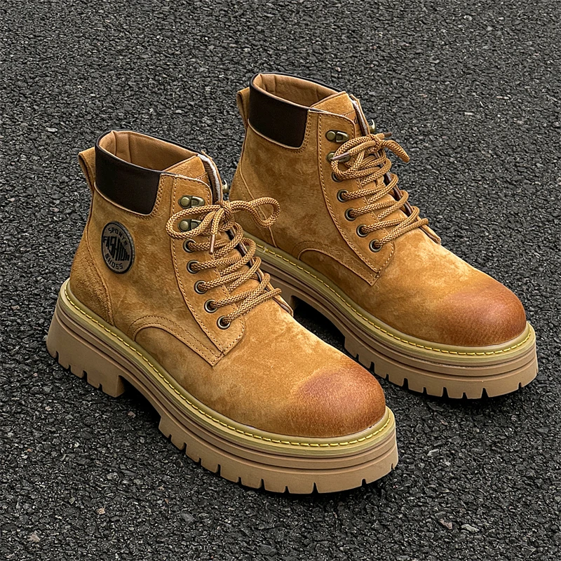 

Autumn and Winter Men Fashionable Height Increasing Boots European and American Retro Side Zipper Youth Big Yellow Boots