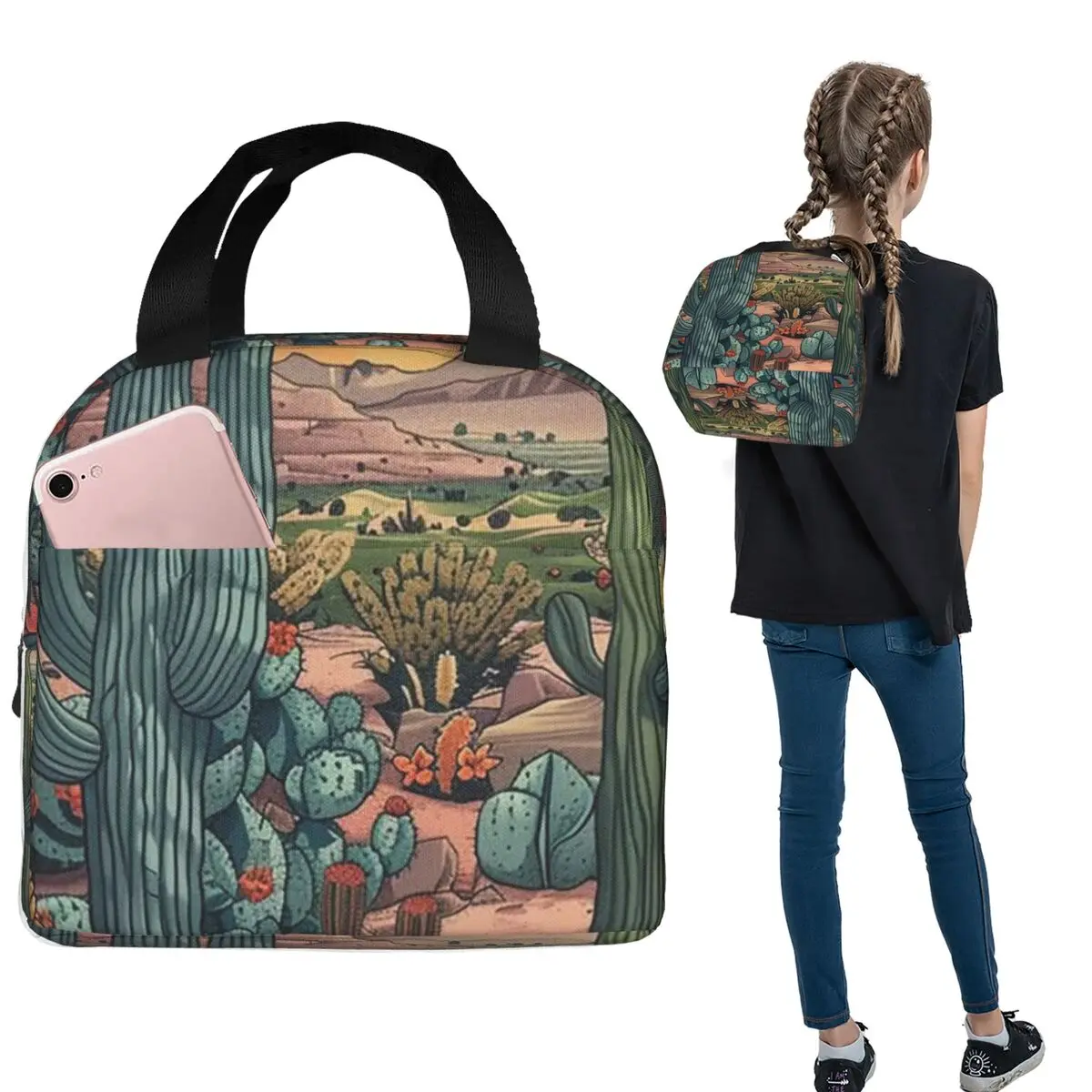 Desert With Cacti And Rock Formation Insulated Lunch Bag for Women Children Portable Food Boxes Thermal Lunch Box Tote