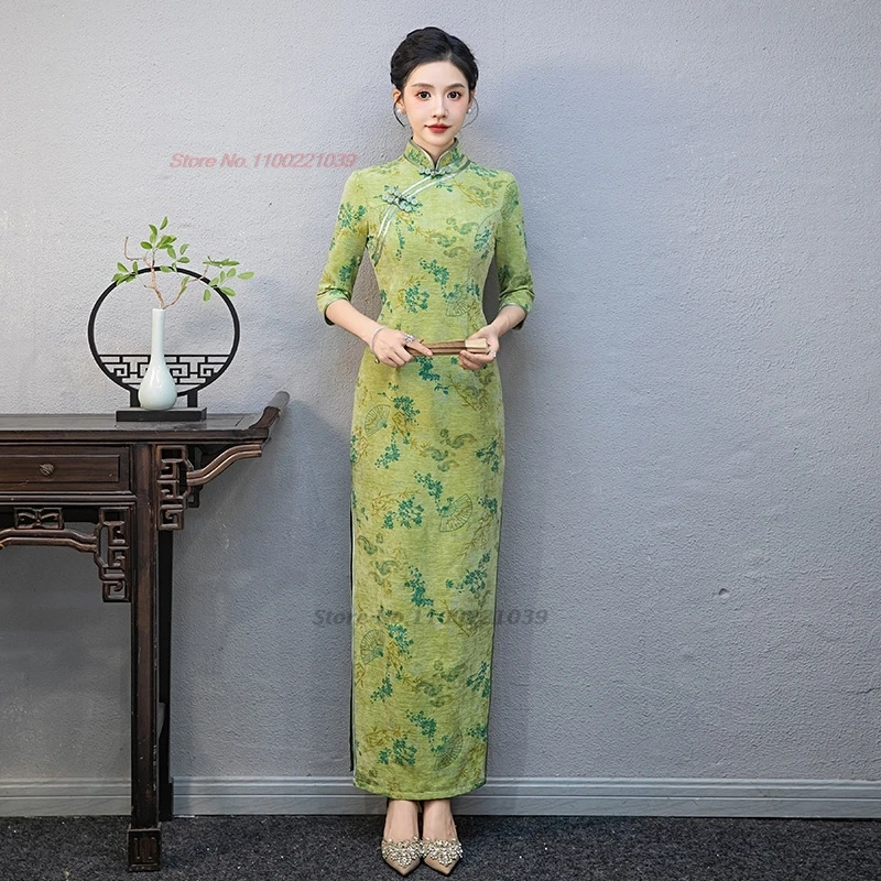 

Китайское винтажное платье 2025 года, улучшенное Cheongsam с национальным цветочным принтом, Ципао, платье для выступления на сцене, банкетное вечернее платье, платье