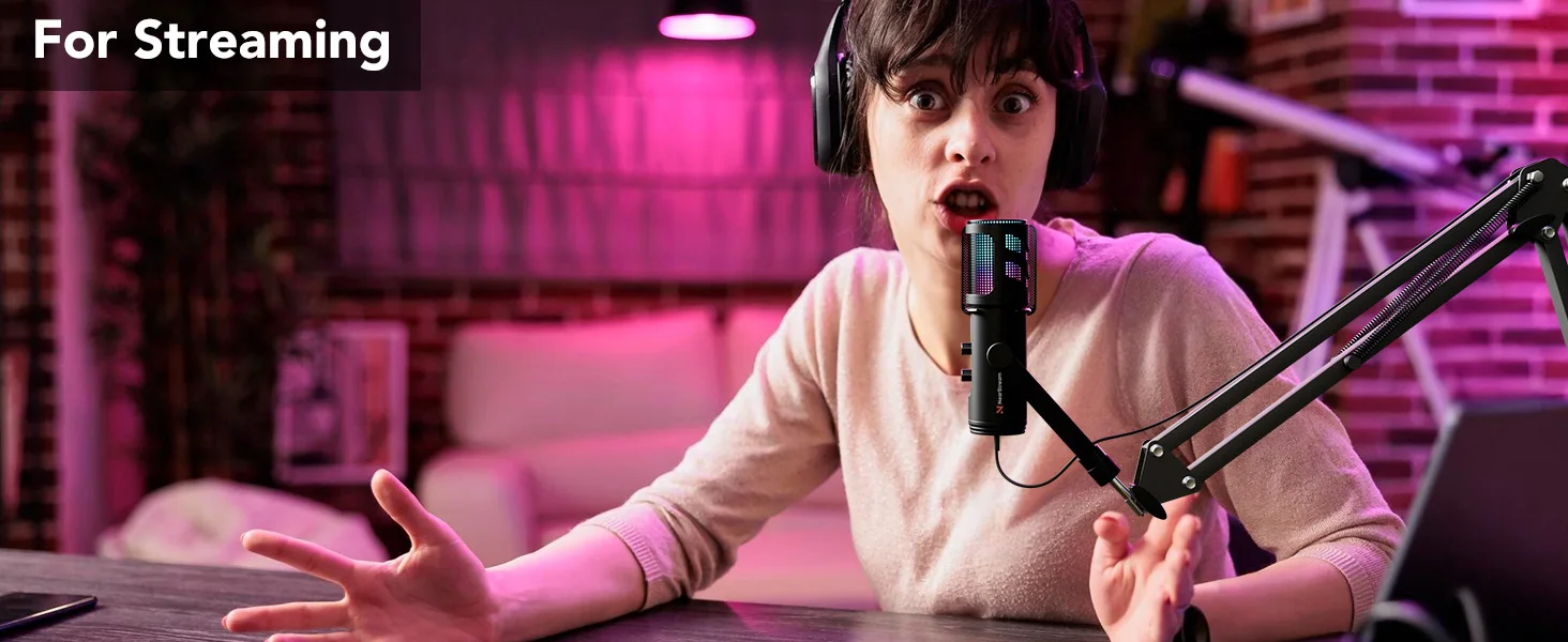 NearStream USB/XLR-Kondensator-Mikro-Gaming-Mikrofon mit 8 RGB-Modi, Beleuchtung, Auslegerarm für Streaming auf PC/PS5, Gamer-Mikrofon – Detail 14