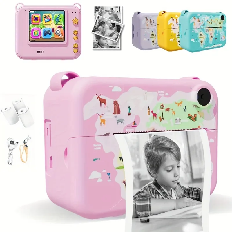 Kids Camera Instant Print, Portable Travel Digital Camera Toys for boys and grils with 720P Video, with 3 Rolls Printing Paper