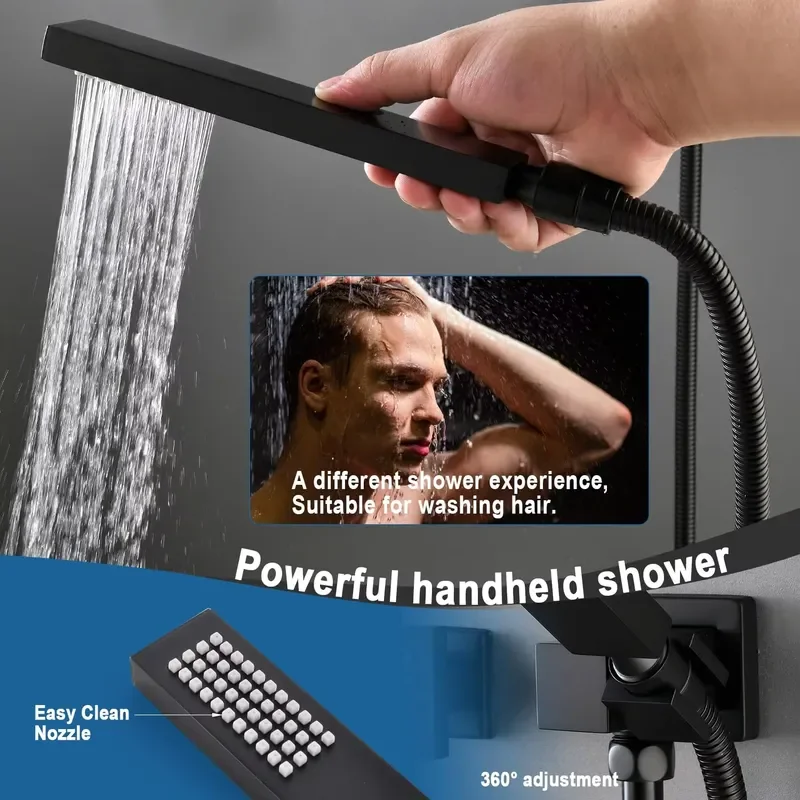 Matte Black Shower System with Body Jets 12 Inch Wall Mount Rainfall Shower System and Handheld Body Spray Shower Faucets view 6