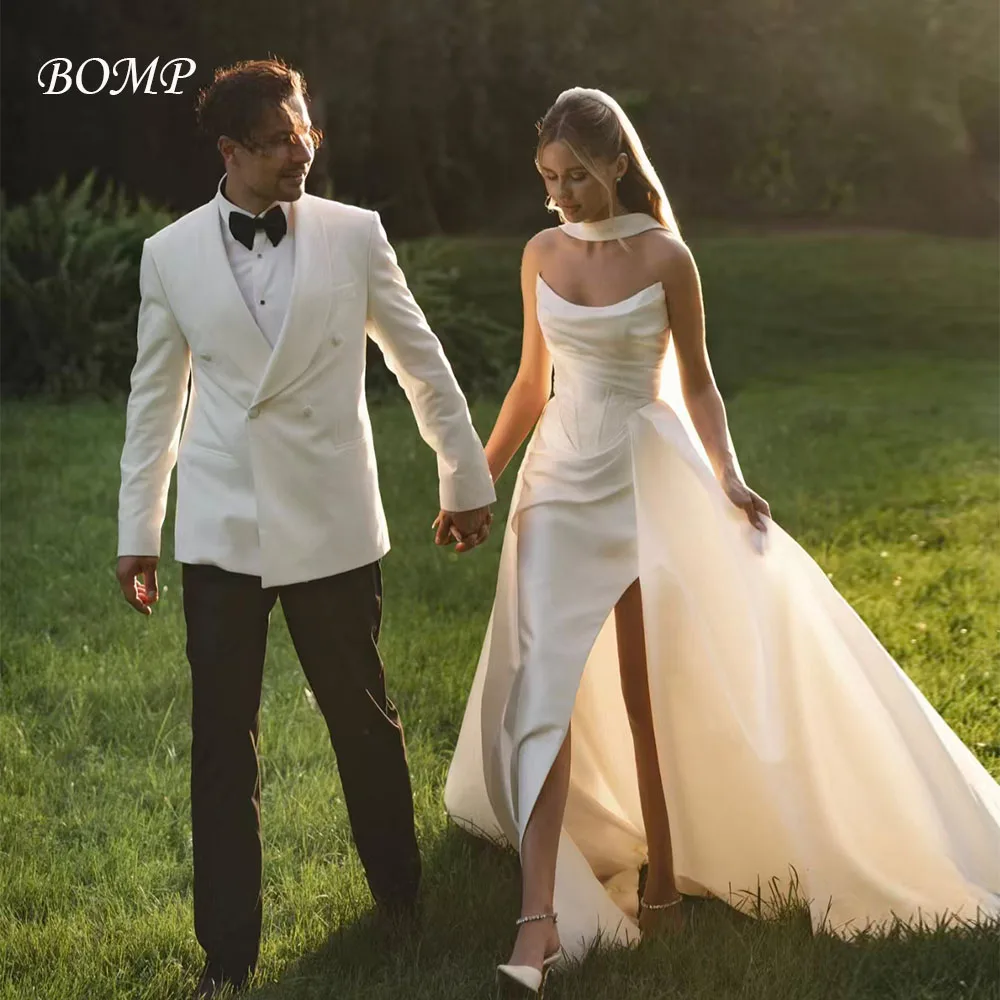 BOMP Elegant Wedding Dress Sweetheart Pleat Mermaid Side Slit Detachable Train Ivory Taffeta Bridal Gown Custom Vestido de novia