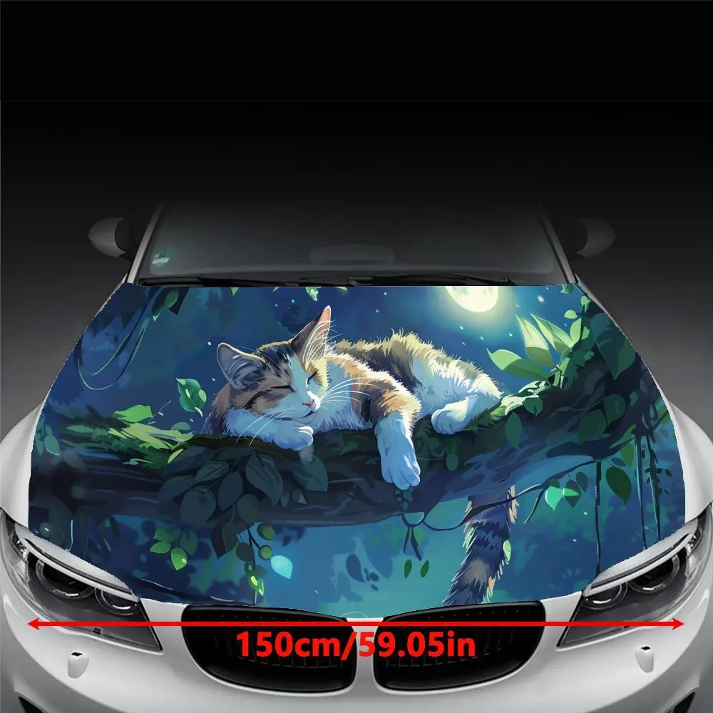Easy-to-install Car hood stickers with Cat on a Branch under the Moonlight pattern - car vinyl wraps, bubble-free design, Waterp
