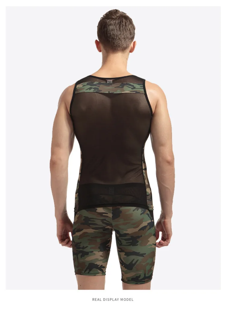 Conjuntos de pantalones cortos de malla ajustados para hombre, pijamas sexys, pantalones cortos Casaul transparentes, conjuntos de tirantes sin mangas con cuello en U, conjuntos de pantalones cortos LFZD