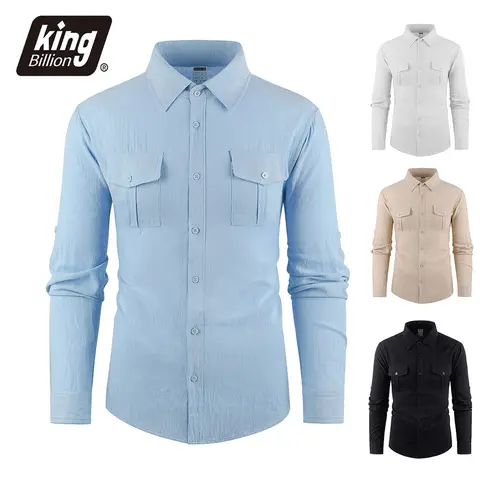 Men's Cargo Shirts Cotton Linen Solid Color Single Breasted Breathable Long Sleeve Shirt Male Casual Button Up
