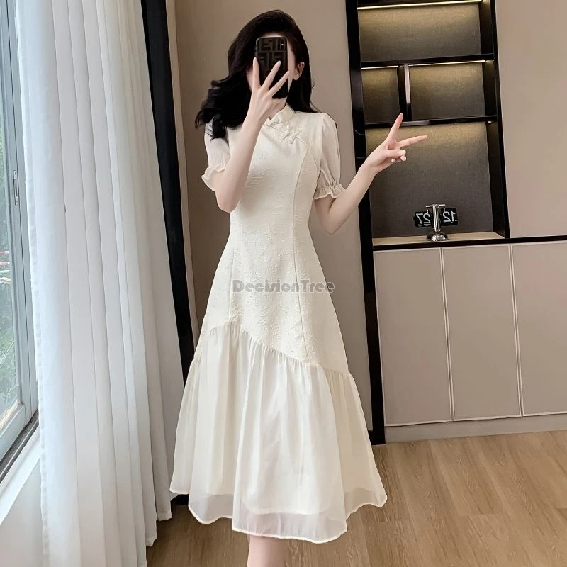 

2024 summer improved leisure simple daily qipao chinese style gentle temperament vintage qipao fairy lace patchwork slim dress