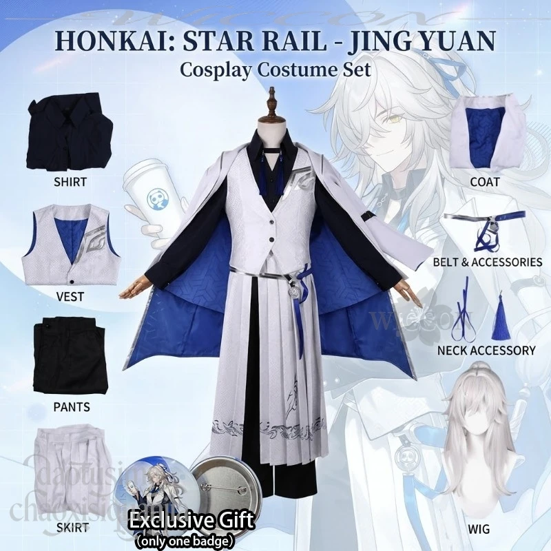 

Anime Game Honkai:Star Rail Cosplay Jing Yuan New Outfit Handsome White Vest Long Punk Coat Dress Pants Wigs Halloween Christmas