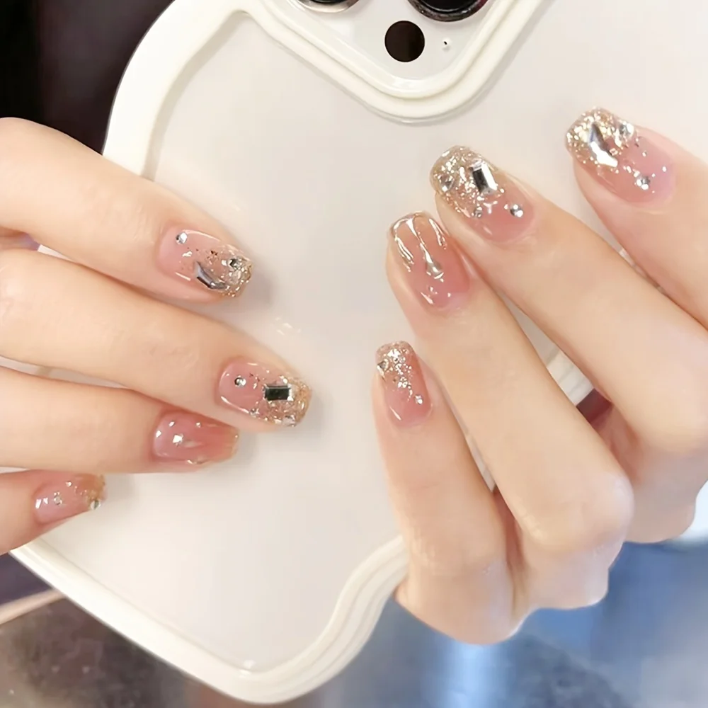 

Chic & Easy 24Pc Short Press-On Acrylic Nails with Shiny Rhinestones - Includes Glue Stickers for Effortless Elegance