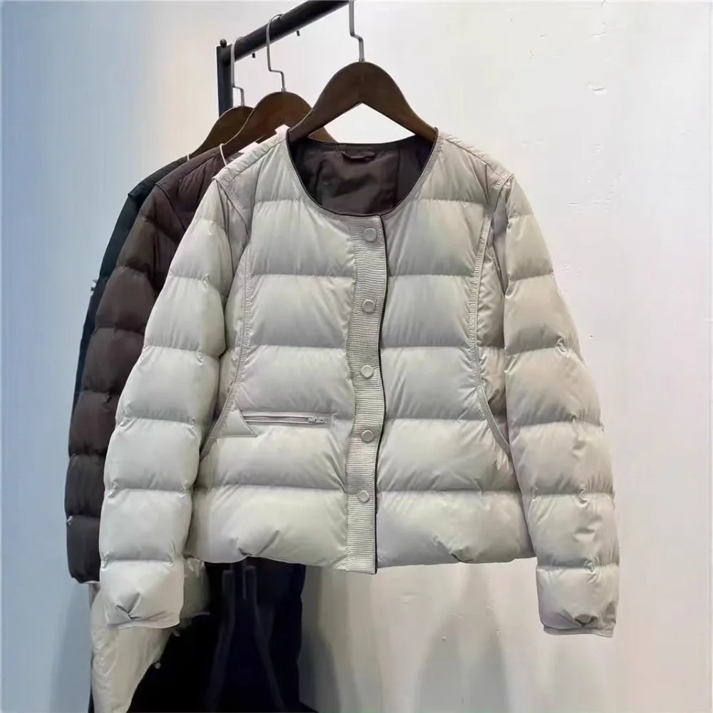 Light Down Jacket Warm Women Minimalist Quilted Winter Fashion Round Neck Solid Color Versatile Female Outerwears Loose Jackets