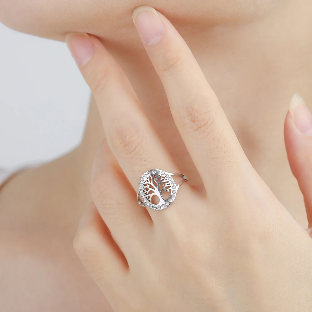 Dawapara Baum des Lebens Damen Ring Klarer Zirkon Verstellbarer Ring Yggdrasil Stammbaum Paar Schmuck Edelstahl Ehering – Detail 7