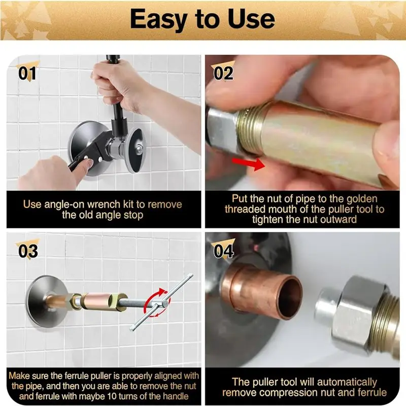 3-In-1 Plumbing Tool Angle Stop Wrench Set With Compression Socket Puller Tool, Water Pipe Wrench For Installing Angle-AT36