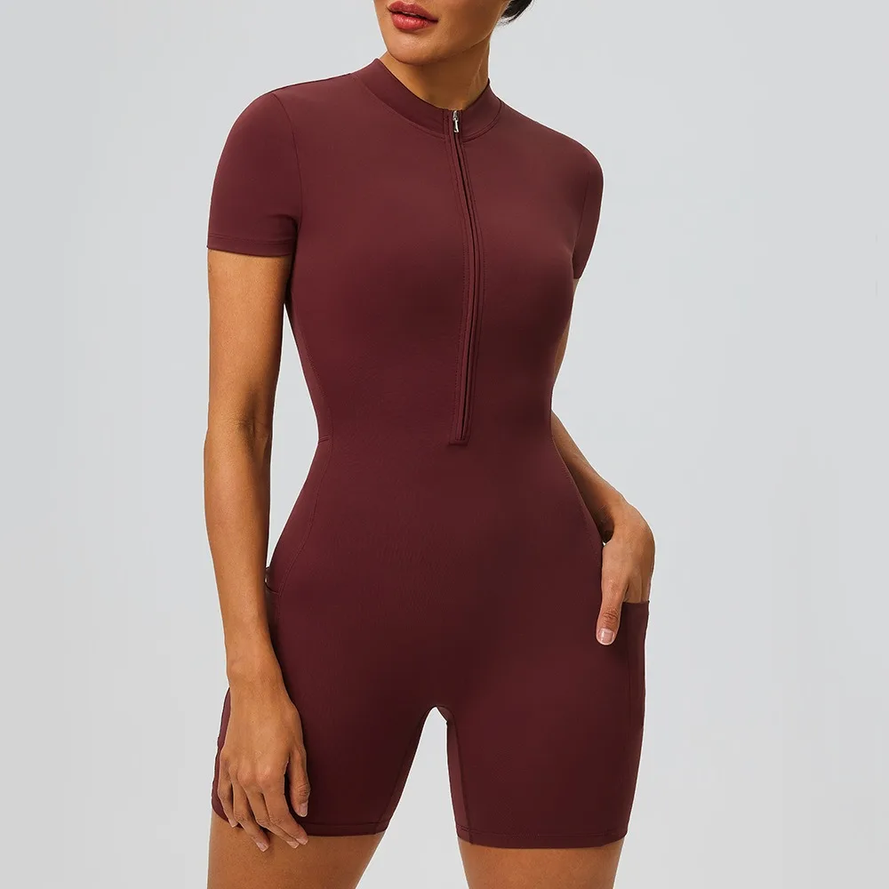 Damen Mode Kurzarm Reißverschluss Yoga-Jumpsuit Schlanker Trainer Hüftliftender Sport-Romper Workout-Bodysuit mit Funktionalen Taschen