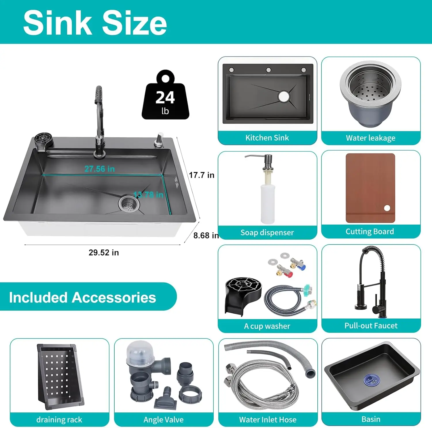 29.5 x 17.7 inch Kitchen Sink, Single Bowl Stainless Steel Sink Multifunctional Drop In Sink with Pull-Down Faucet