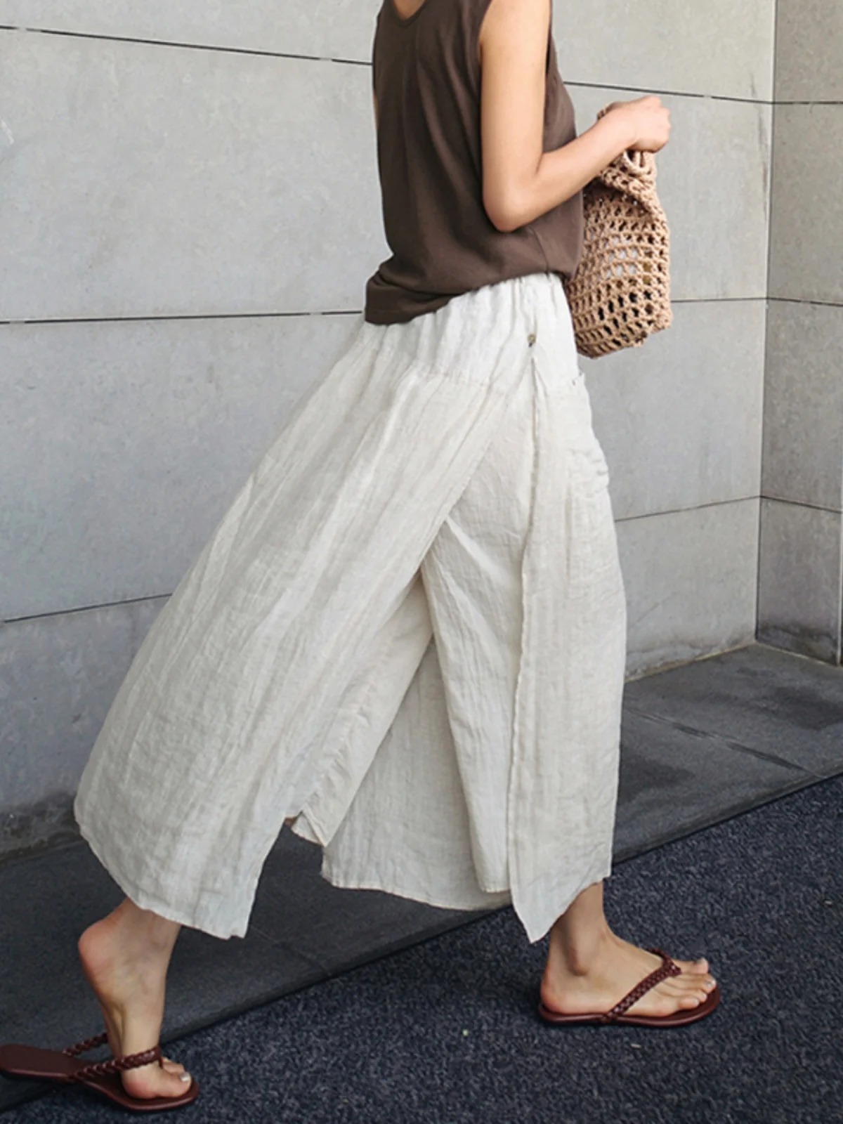 Retro Bohemian Nine-Foot Skirt Pants Women's Thin Fake Two-Piece Cotton Linen Loose Slimming Slit Wide Leg Straight Cut Pants