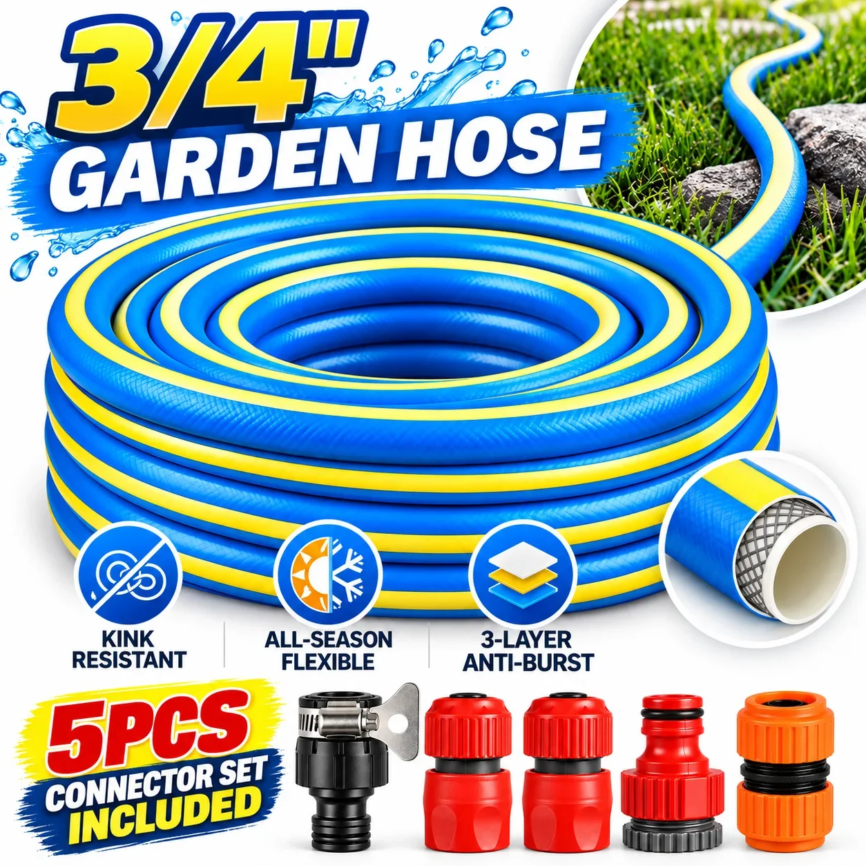 3/4 Inch Garden Water Hose 3-Layer Reinforced Anti-Kink Flexible PVC Pipe with 5PCS Connectors for Outdoor Watering Irrigation